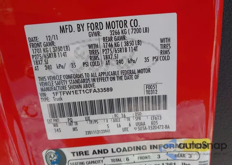 2012 Ford F-150 Xlt from USA, damaged, VIN 1FTFW1ET1CFA33589